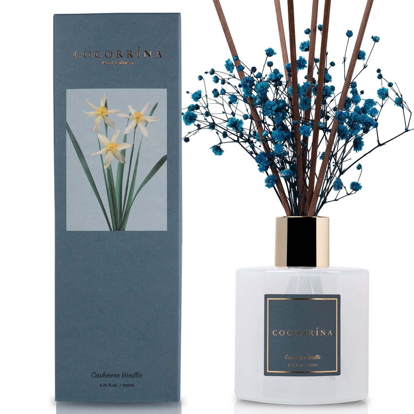 Cocorrína Premium Reed Diffuser Set with Preserved Baby's Breath & Cotton Stick Cashmere Vanilla | 6.7 fl oz Scent Fragrance Oil Diffuser for Bedroom Bathroom Home Décor