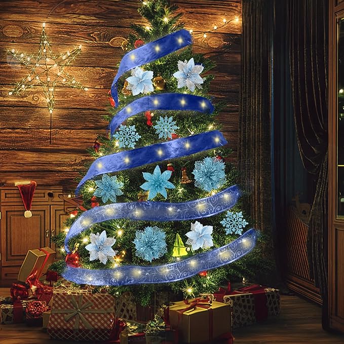 72Pcs Poinsettia Christmas Flowers Decorations with Christmas Ribbon, Blue Christmas Decorations,9 Styles Glitter Artificial Poinsettia Christmas Tree Ornaments for Wreath Garland Holiday Decor(Blue)