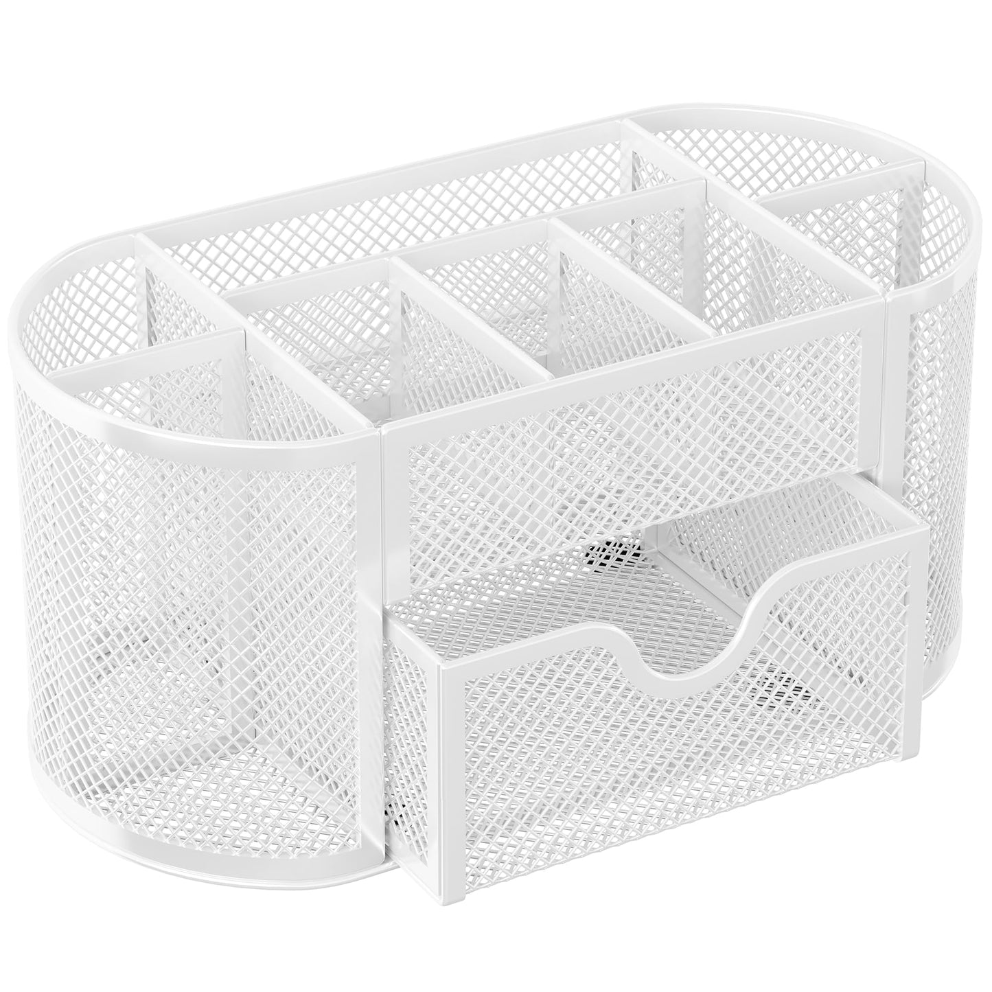 EasyPAG Mesh Desk Organizer, Multi-functional Stationery Organizer for School Supplies, Office Pen Holder for Desk, 9 Compartments Dorm Organization with Drawer, White