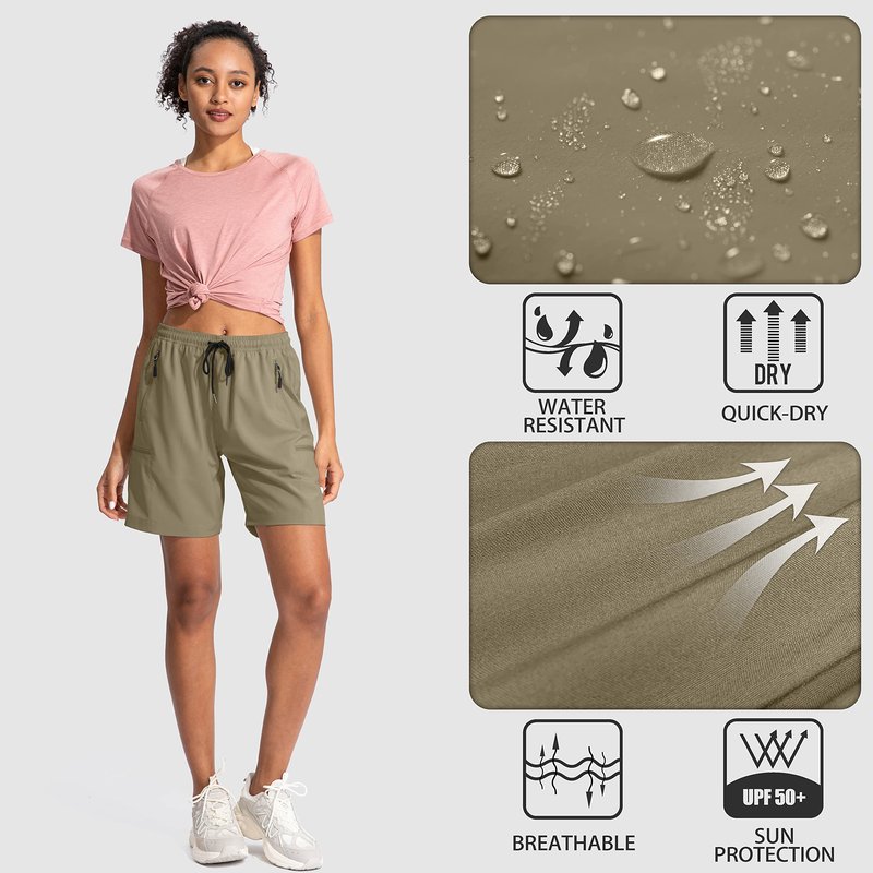 SANTINY Women's 5''/ 7''/9'' Hiking Cargo Shorts Quick Dry Lightweight Summer Shorts for Women Athletic Golf Zipper Pockets(Dusty Khaki_XXL)