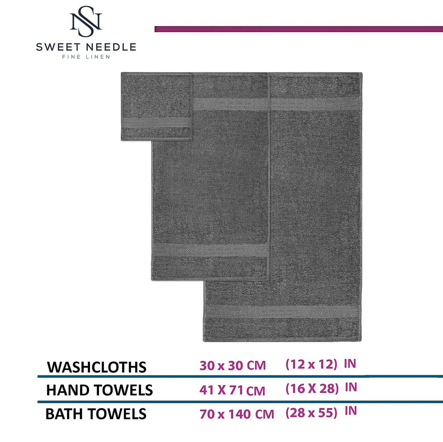 SweetNeedle 6 Piece Towel Set - 2 Bath Towels, 2 Hand Towels and 2 Washcloths Cotton Daily Use Hotel Spa Quality Soft Highly Absorbent Quick Dry Light Weight (Charcoal Grey)