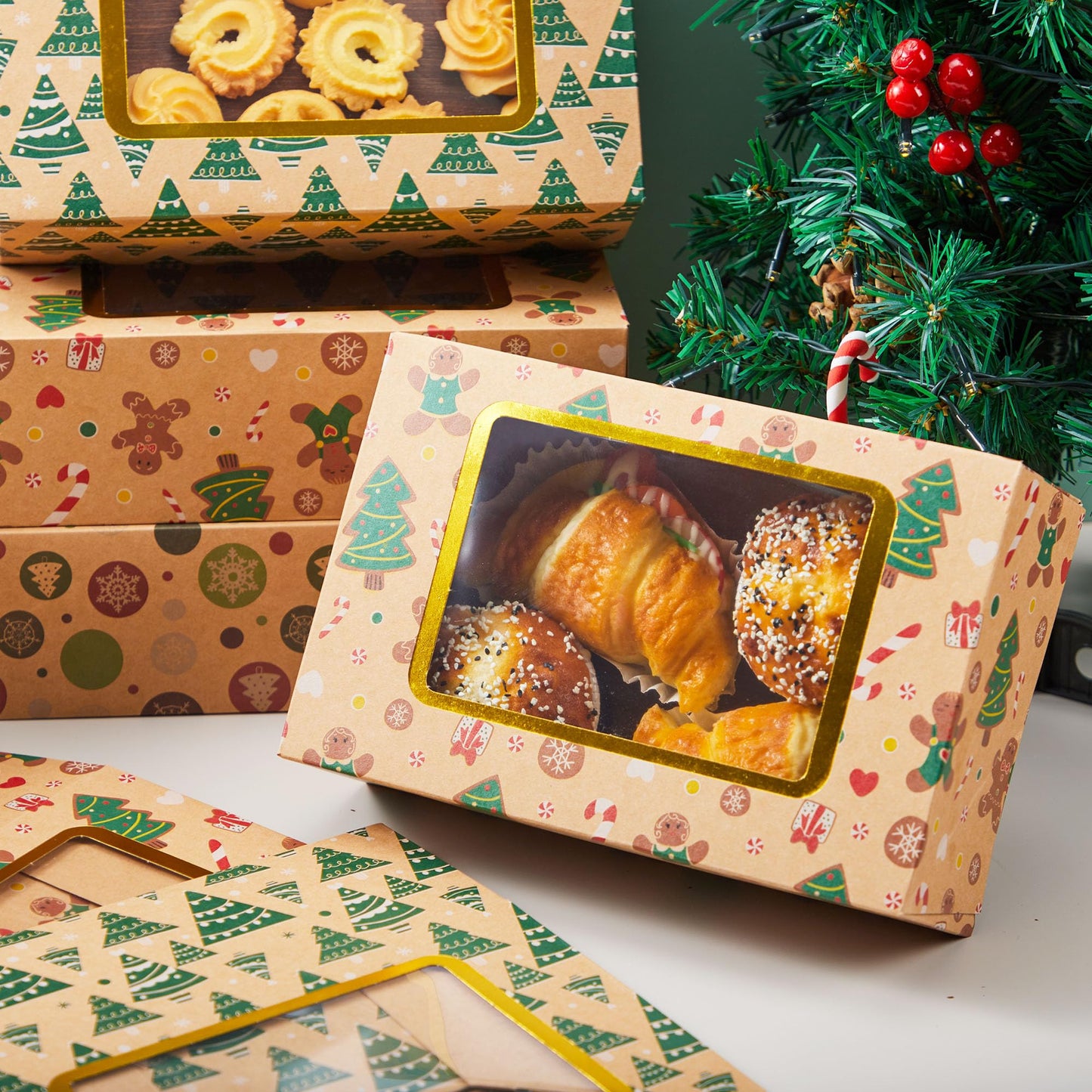 JOYIN 12 PCS Foiled Christmas Cookie Boxes for Gift Giving, 8.75" x 5.75" x 2.75” Bakery Boxes with Window, 3 Design Brown Kraft Cardboard Treat Box for Xmas Holiday Pastries Cupcakes Doughnut Wrap