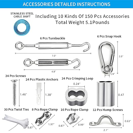 Globe String Light Suspension Kit, Outdoor Light Guide Wire, Vinyl Coated Stainless Steel Steel Cable,Include 300ft Transparent PVC and 304 Stainless Steel Wire Cable, Turnbuckle and Hooks