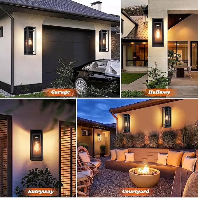 8 Pack 18 inches Outdoor Wall Lantern Light Fixture, Large Black Exterior Waterproof Wall Sconce, Anti-Rust Mount Porch Light with Clear Glass,E26 Socket