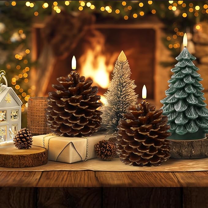 Homemory 2 Pcs LED Pine Cone Candles, Flameless Candles with 6H Timer, Battery Operated Flickering Candle, Real Wax Pinecone Candles for Christmas Indoor Decoration, Brown(D4.3 x H6 Inch)
