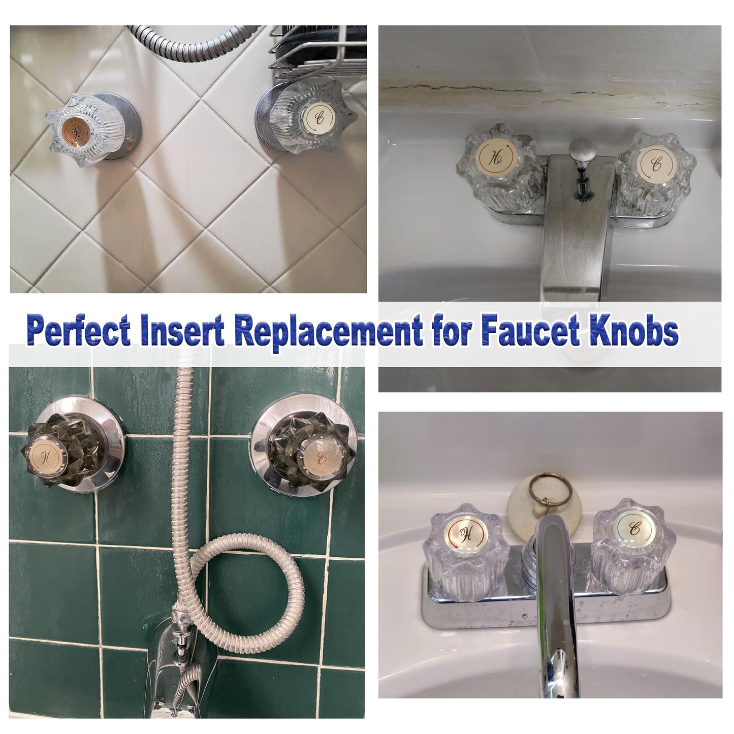 Universal Hot and Cold Faucet Index Buttons, 1.14 inch Inner Diameter Faucet Index Bathroom Sink Handle Buttons, Clear Acrylic with Gold for Delta/LDR/Delex/Peerless Two Clear Handles (4 pack)