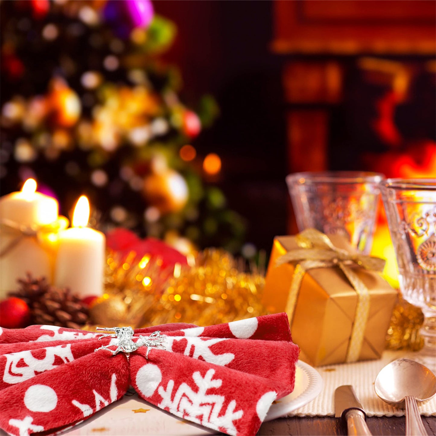 FKSWTV 6 Pack 3D Silver Reindeer Elk Napkin Rings Metal Holiday Fall Thanksgiving Christmas Halloween Wedding Home Table Decorations