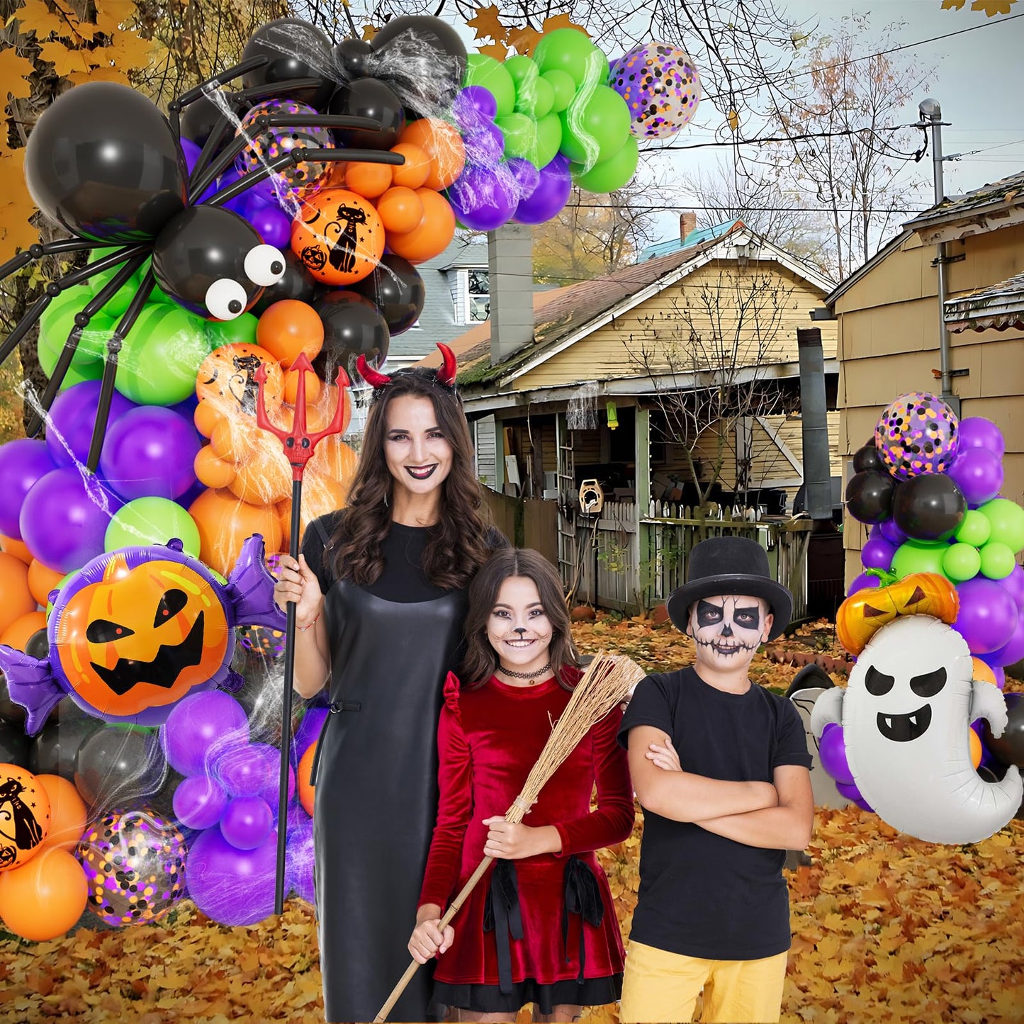 DBKL 159Pcs Halloween Balloons Garland Arch Kit, Ghost Pumpkin Foil Balloons with Black Orange Purple Fruit Green Confetti Balloon for Halloween Party Decorations