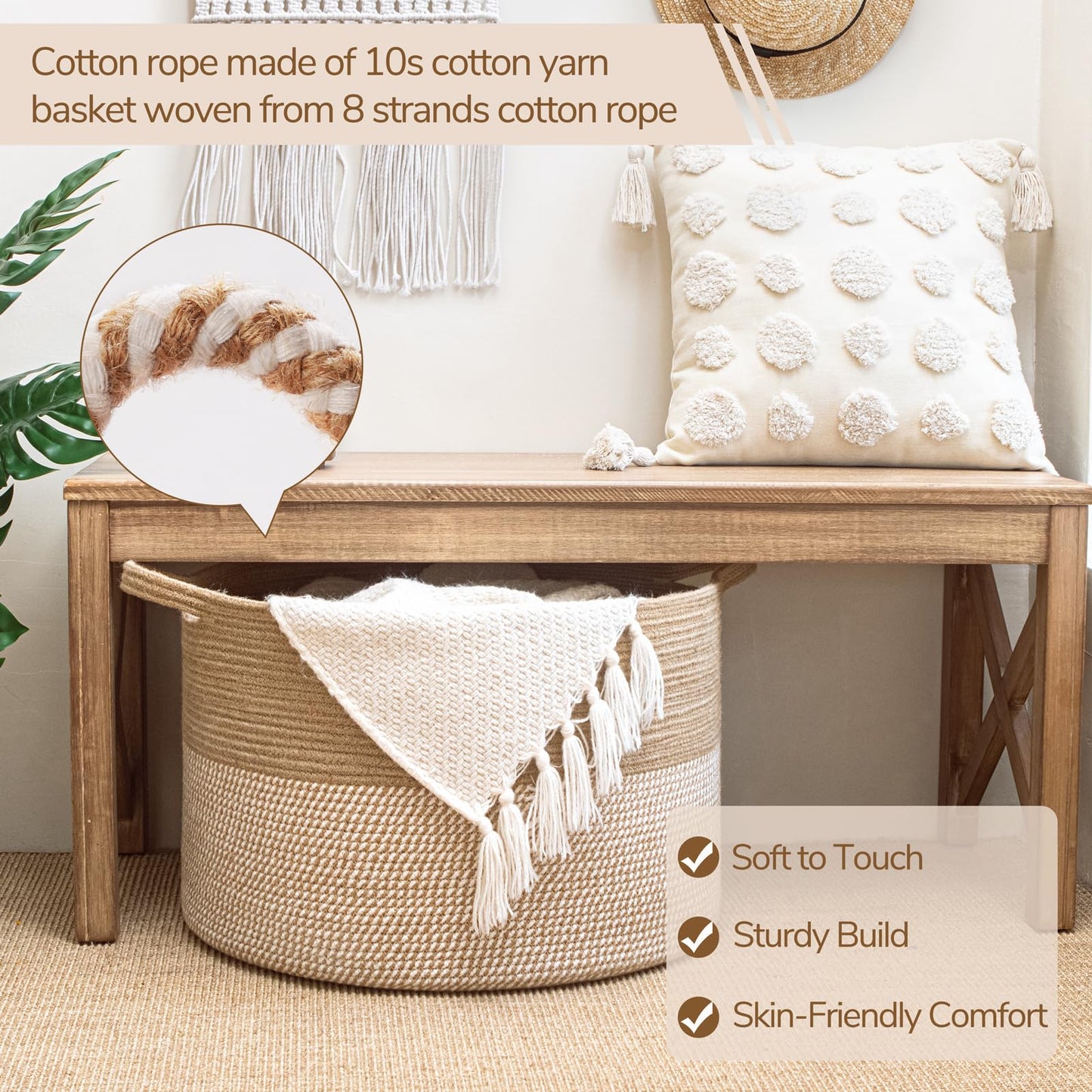 INDRESSME Extra Large Woven Baskets for Storage, 21.7'' x 13.8'' Wicker Basket with Handle for Blankets, Big Laundry Baskets for Clothes, Pillows, Towel, Shoe Basket for Entryway, 90L White Jute
