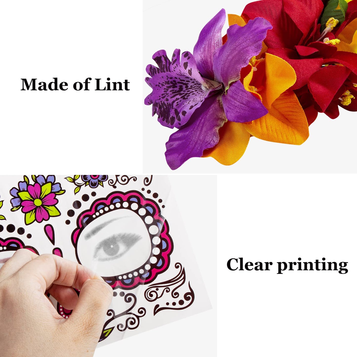 Rose Flower Halloween Headband & Day of the Dead Face Tattoos, Temporary Tattoo Stickers and Mexican Floral Headpiece for Halloween Costumes Party Supplies Cosplay Festival, Day Of the Dead headband