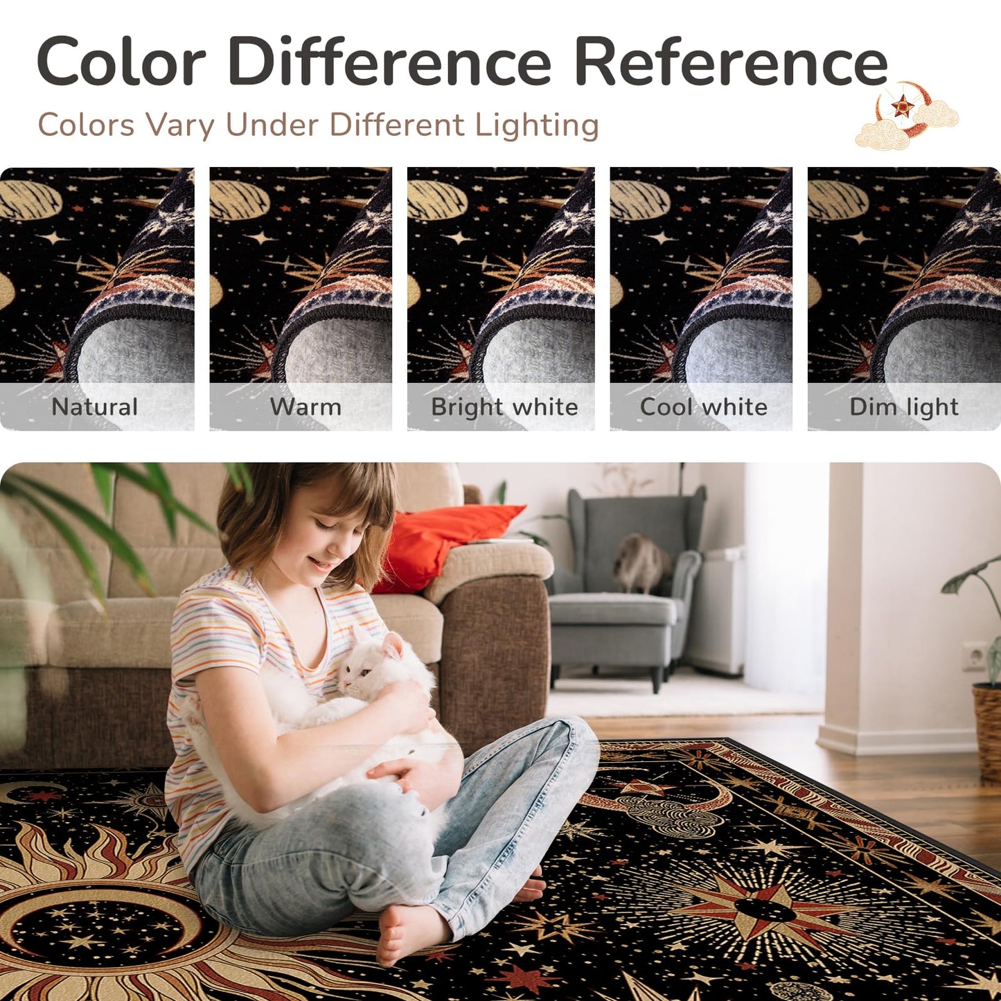 meejou 5x7 Area Rugs, Washable Vacuum-Friendly Non-Slip Rug Vintage Boho Gothic Sun and Moon Printed Pattern Low Pile Carpet for Living Room Bedroom Dining Room Hallway Entryway,Black Gold Beige Red