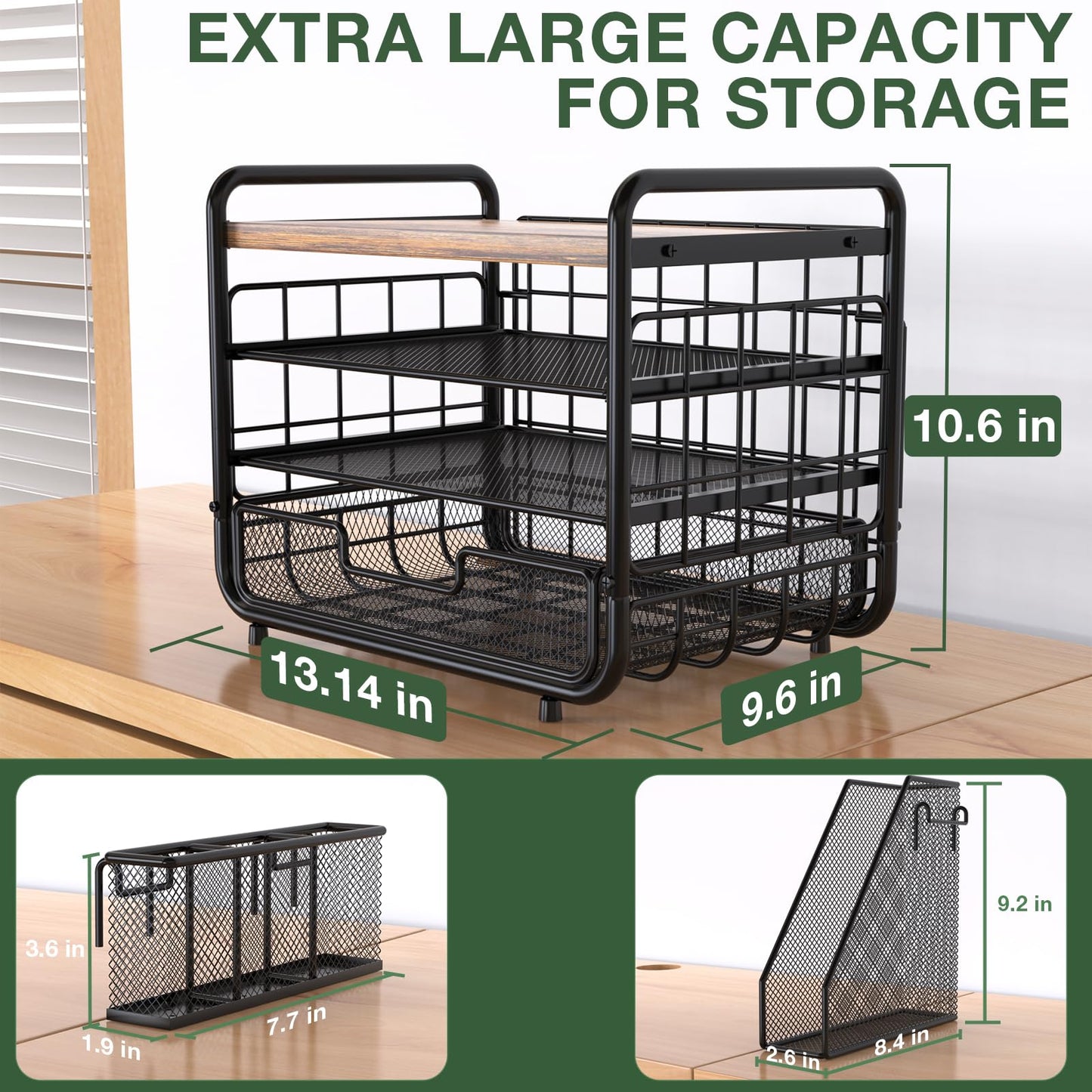 2025 New Large Capacity Desk Organizer with Drawer, Wooden 4-Tier Paper Organizer Letter Tray with File Holder and Pen Holders, Wooden Desk Accessories for A4 Paper Work Folder Storage (Style1)