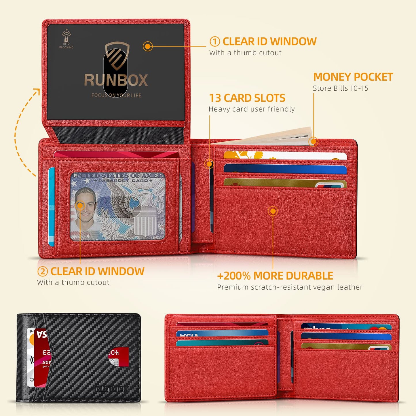 RUNBOX Men's Wallets Slim RFID Leather 2 ID Window with Gift Box, Carbon Black&red-15 Slots, M, 15 Slots