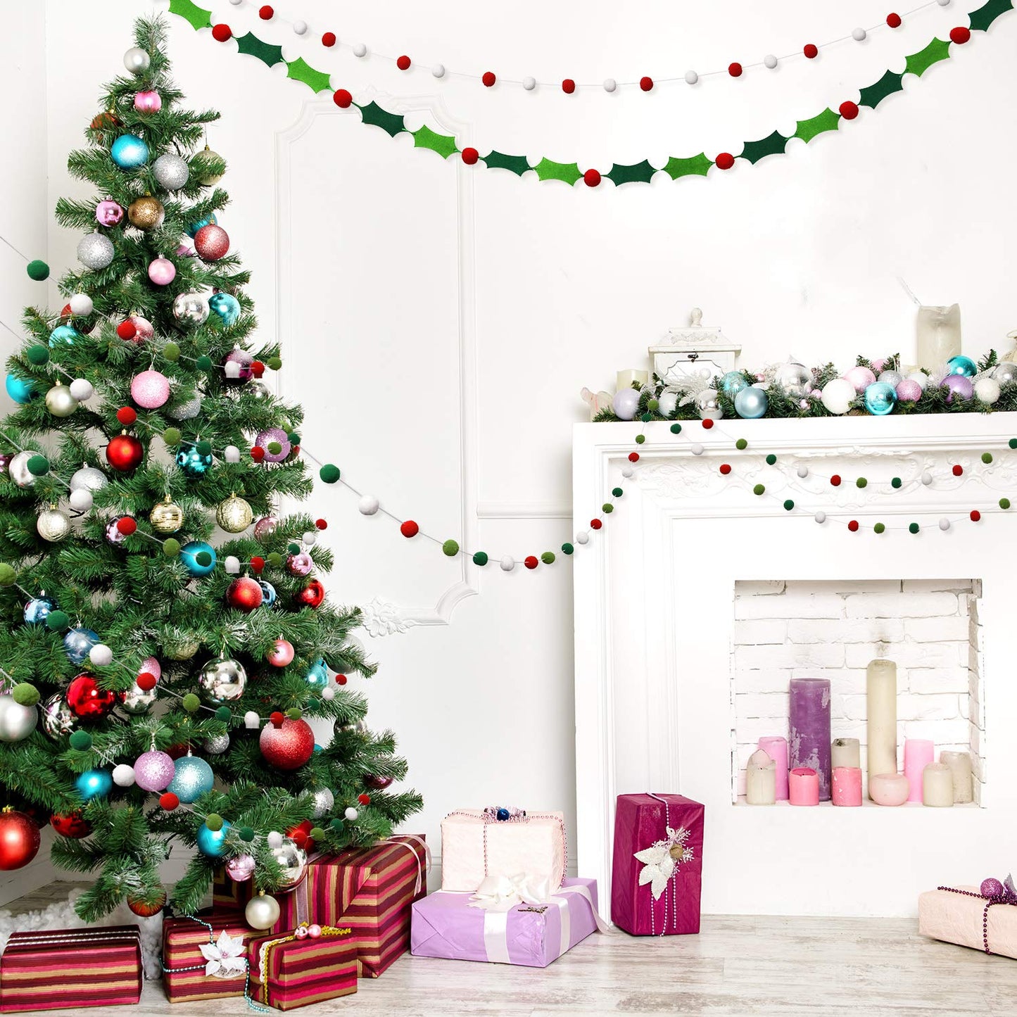Boao 3 Pack Christmas Felt Ball Pom Pom Garland Holly and Berries Christmas Tree Decorations Red Green White Pompom Hanging Ornament String Banner Xmas Holiday Birthday Party Supplies Decor