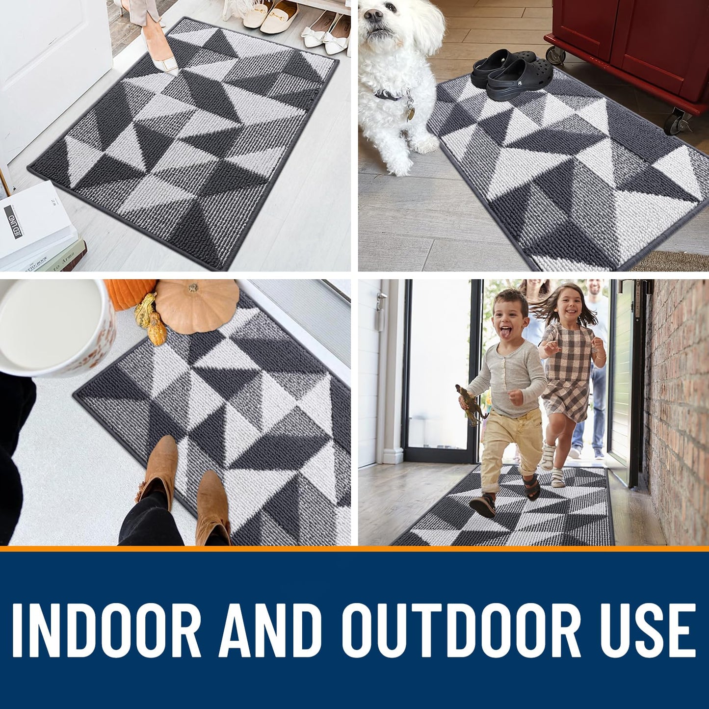 OLANLY Door Mat Indoor Entrance Washable 32x20, Odor-Free Low-Profile Front Back Geometric Doormat, Absorbent Resist Dirt Entry Carpet, Easy to Clean Sturdy Inside Floor Mats for Entryway, Dark Grey
