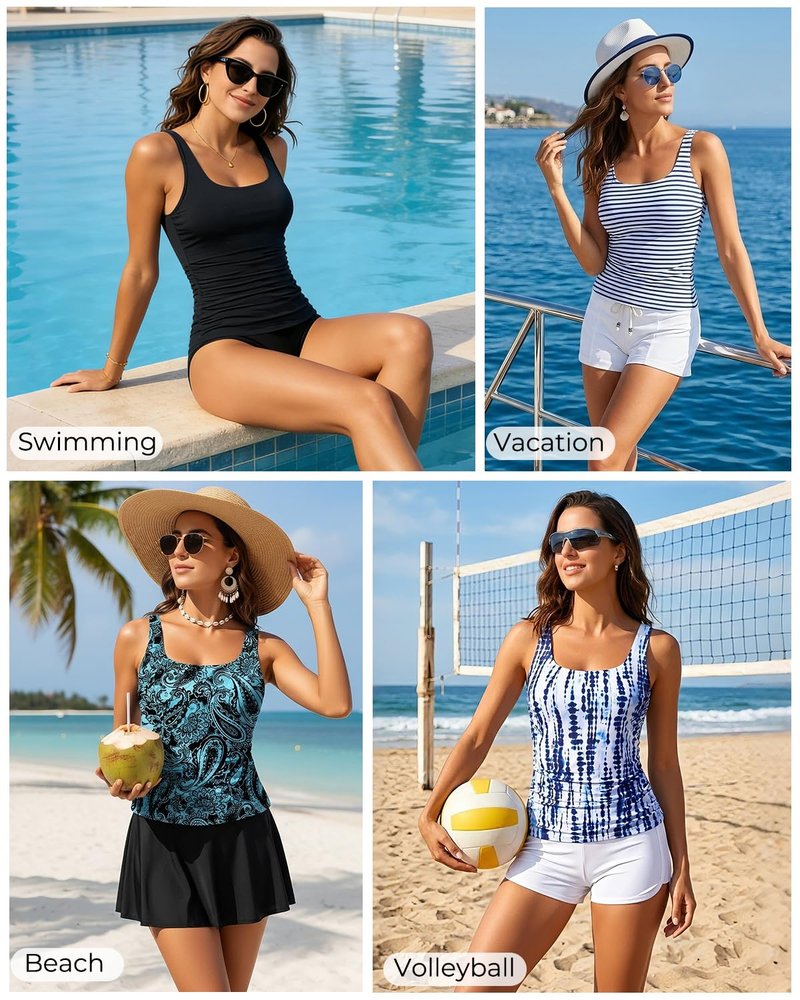 Aqua Eve Tankini Tops for Women Swimwear Top Only Tummy Control Bathing Suit Top No Bottom (Available in Plus) Black Tie Dye S