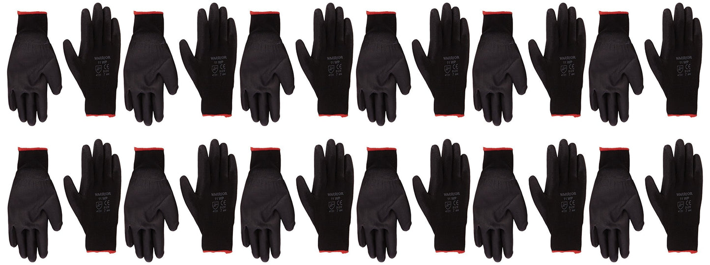 Warrior PU Coated Nylon Work Gloves,NB7/S (Size 7/Small) Black, Set of 12