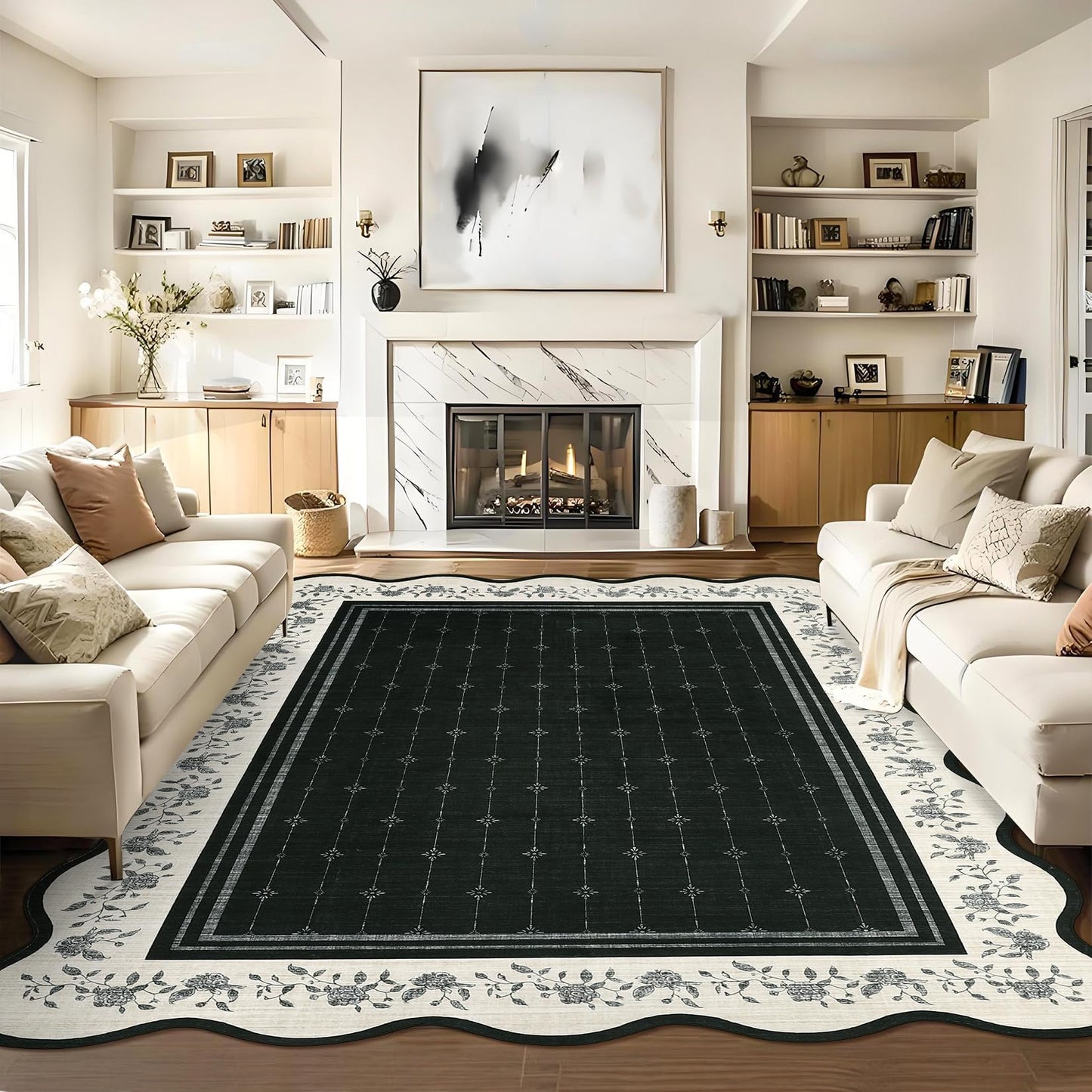 Garvee Washable Rugs for Living Room 8x10 Area Rugs for Bedroom Scalloped Rug Modern Bordered Non Slip Large Kids Bedroom Carpet Indoor Stain Resistant Floor Cover for Dining Room Office Nursery Black