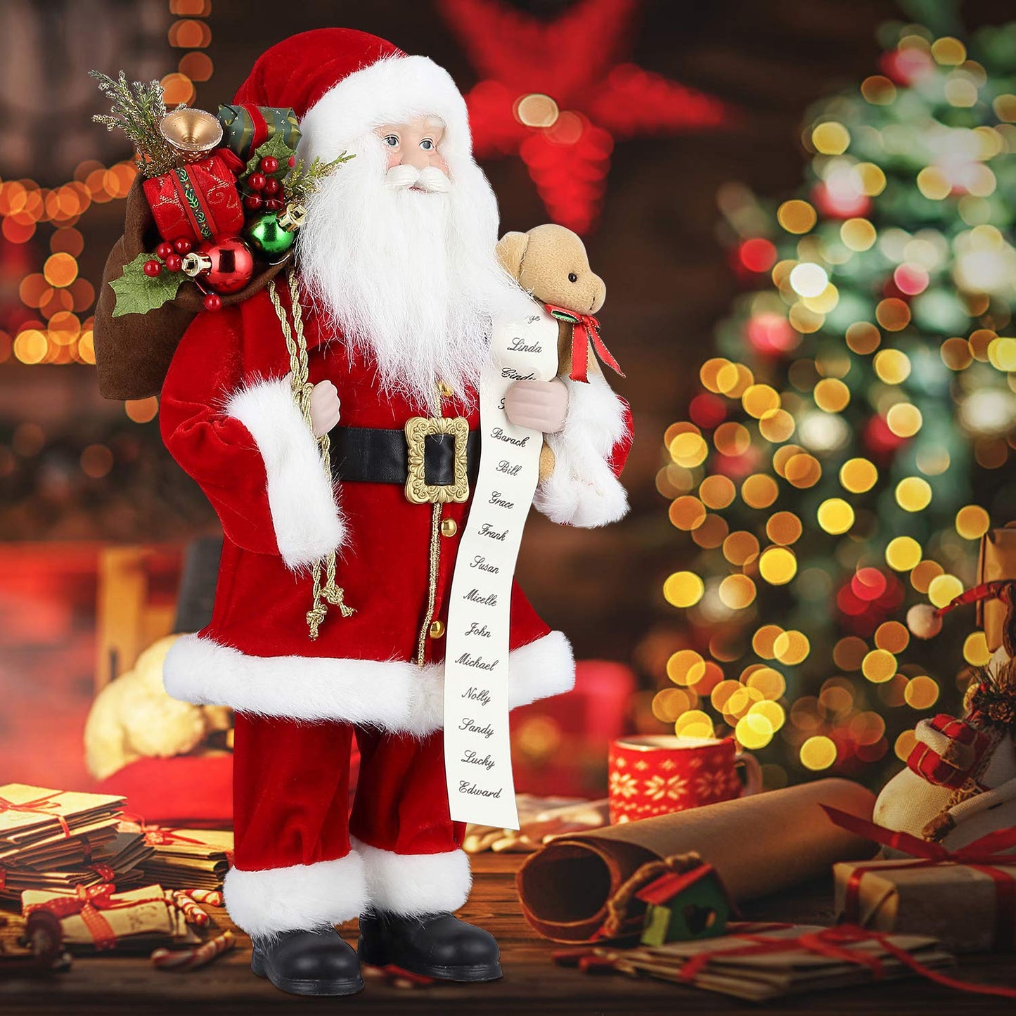 AGM 18" Santa Claus, Christmas Figurine Figure Decor with Good and Bad List and Bear and Gifts Bag for Holiday Party Home Decoration