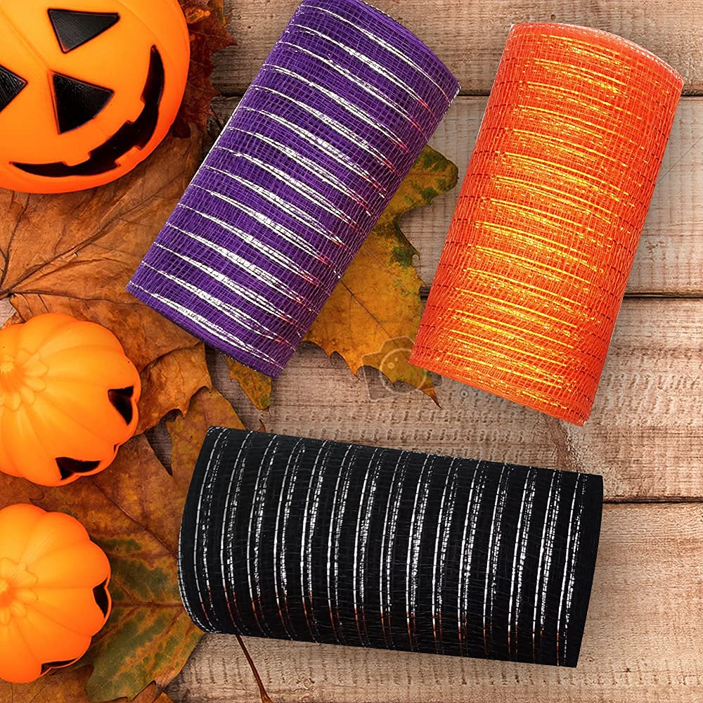 NBHH Halloween Mesh Ribbon Deco Fall Metallic Foil Black Purple Orange Green Border Striped Deco Mesh Wire Ribbon Rolls for DIY Halloween Wreaths Decorations Wrapping Craft, 4 Rolls(6 inch Wide)