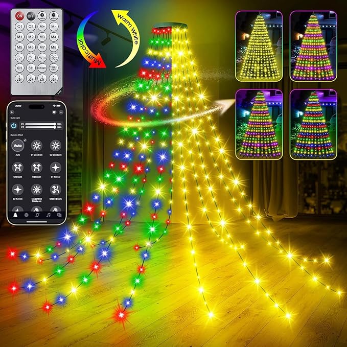 30+ Modes Ring Christmas Tree Lights Indoor Outdoor - 7.5Ft x 12 Lines 336 LED Easy App Control Color Changing Timer Remote Waterproof for 6 7 Ft Xmas Trees (Warm White to Multicolor)