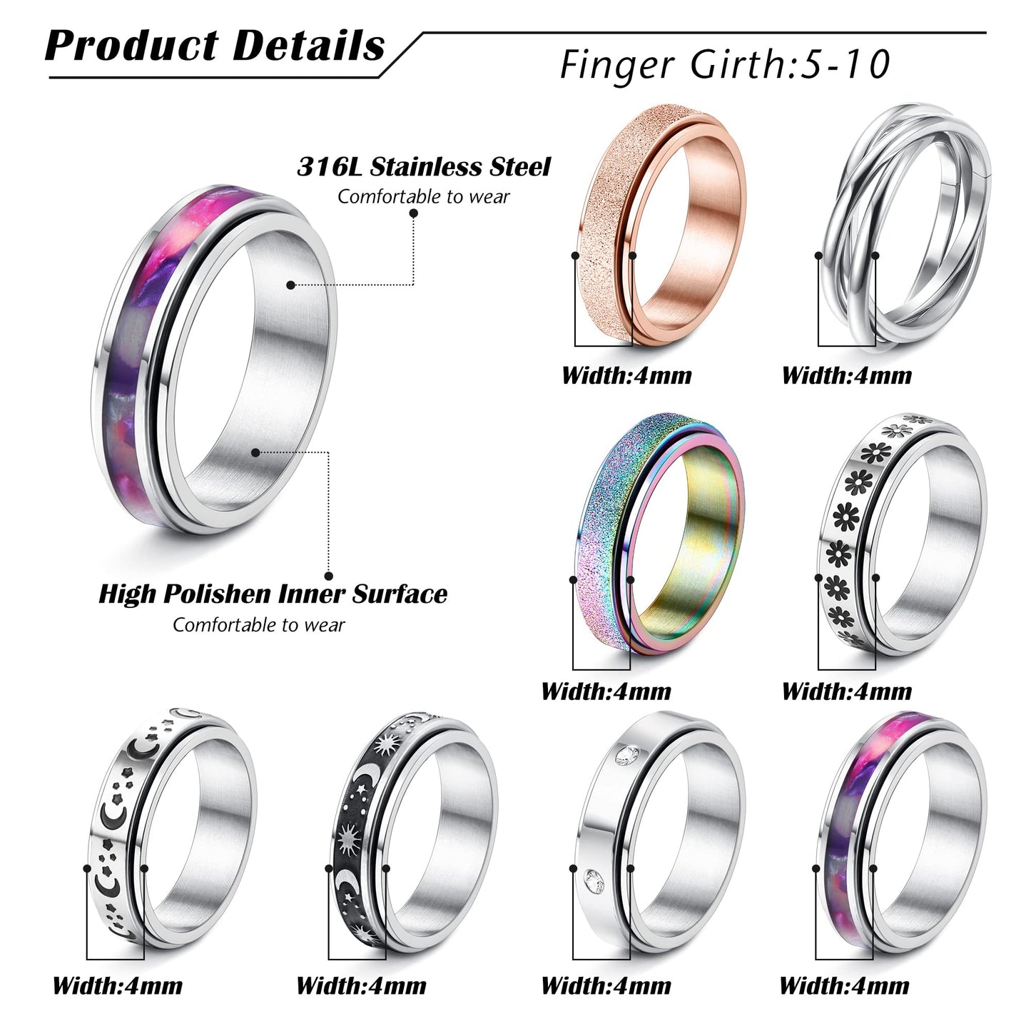 ADRAMATA 8Pcs Spinner Rings for Anxiety Relief Stainless Steel Rings for Women Men Anti Stress Band Rings Set Fidget Rings for Anxiety