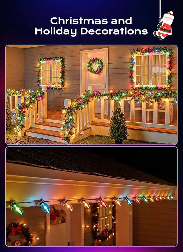 C9 LED Christmas Lights Outdoor, 100 FT 100 Colored Bulbs Vintage C9 Connectable String Lights for Christmas Tree Roofline Patio Garden Backyard Holiday Party Indoor Outdoor Decoration, Green Wire