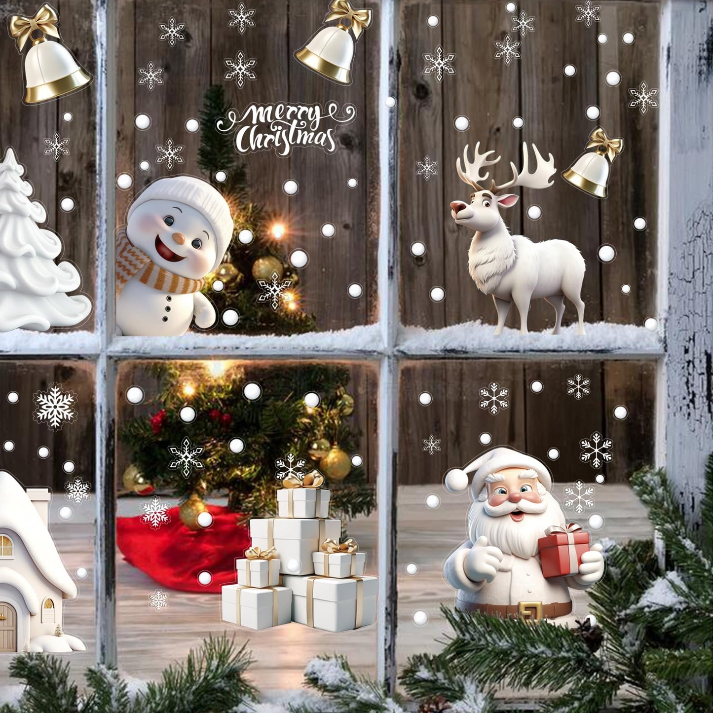 CCINEE 180pcs Christmas Window Clings,Xmas Large Window Static Stickers Snowman Santa Snowflake Reindeer Decals for Xmas Party Decorations(8 Sheets)