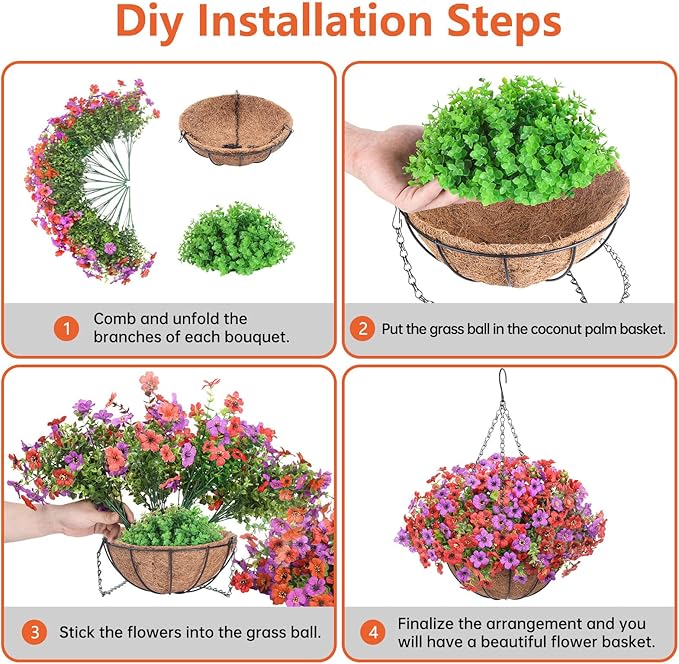 Artificial Hanging Faux Flowers Basket, Fake Silk Daisy Eucalyptus Plants Arrangement,for Spring Summer Outdoor Decoration,UV Resistant, Coconut Planter,Look Real for Home Garden Decor (Pruple Red)