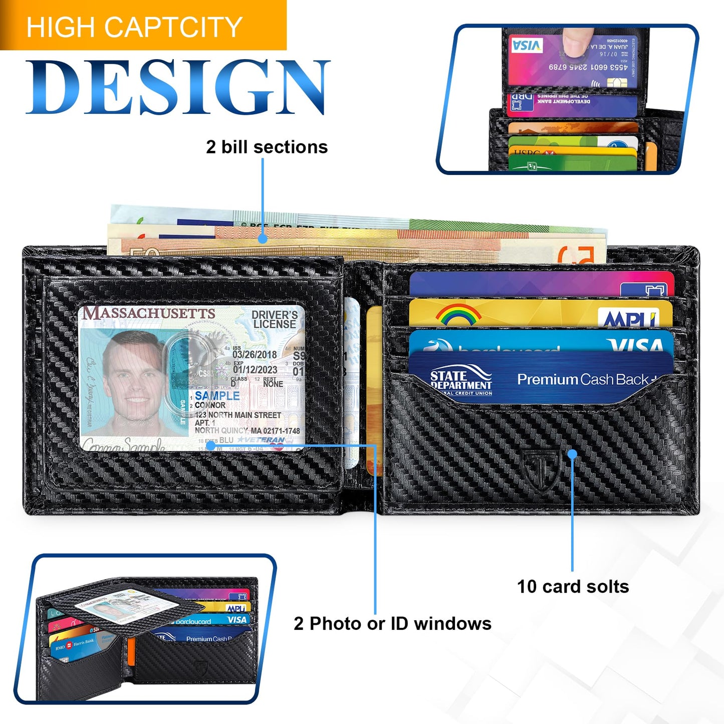 TEEHON Mens RFID Blocking Carbon Fibre Leather Wallet - Bi-Fold Card Wallet with 10 Card Slots, 2 ID Windows, 2 Cash Compartments - Black