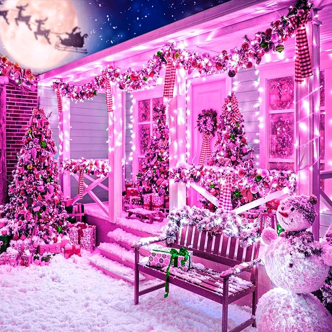 120 LED Pink Christmas Lights, 40ft Pink String Lights with 8 Modes Clear Wire Waterproof, Plug in Fairy String Light for Bedroom Valentines Day Christmas Decorations