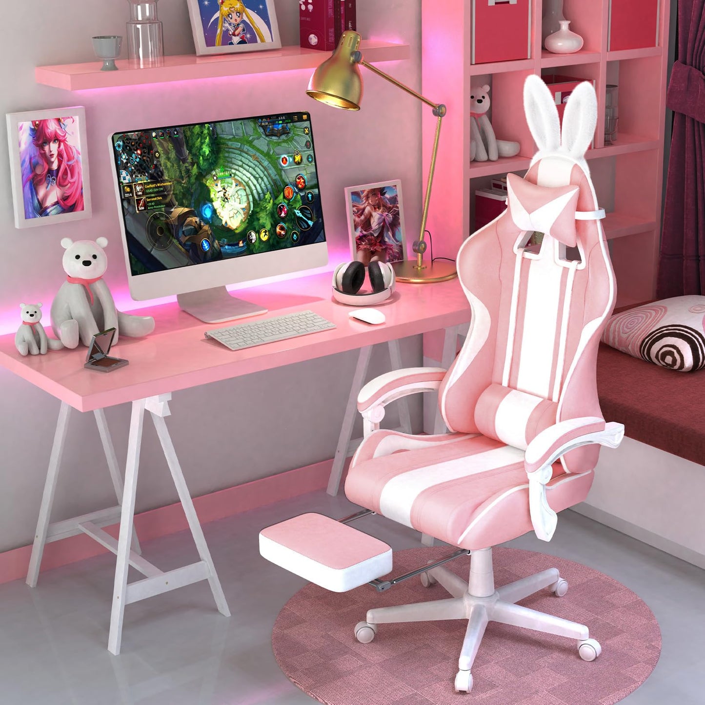 Ferghana Kawaii Pink Gaming Chair with Bunny Ears, Ergonomic Cute Gamer Chair with Footrest and Massage, Racing Reclining Leather Office Computer Game Chair 250lbs for Girls Adults Teens Kids