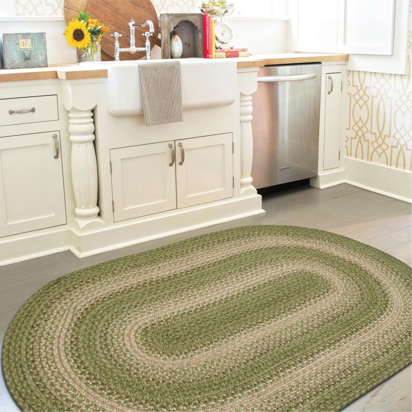 Homespice Grassland Green Oval Rug 20x30 - Country Style Green Kitchen Rug of Jute for Rustic House Decor