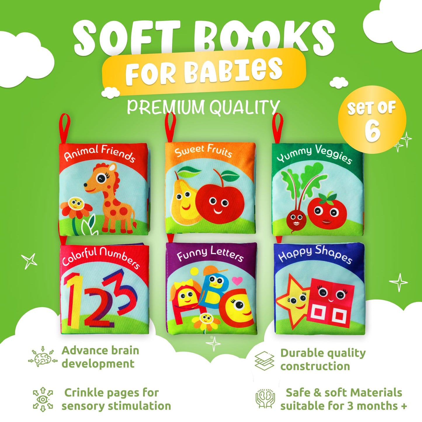 Cloth Books for Babies (Set of 6) - Premium Quality Soft Books for Babies. Touch and Feel Crinkle Paper. Cloth Books for Early Children's Development.