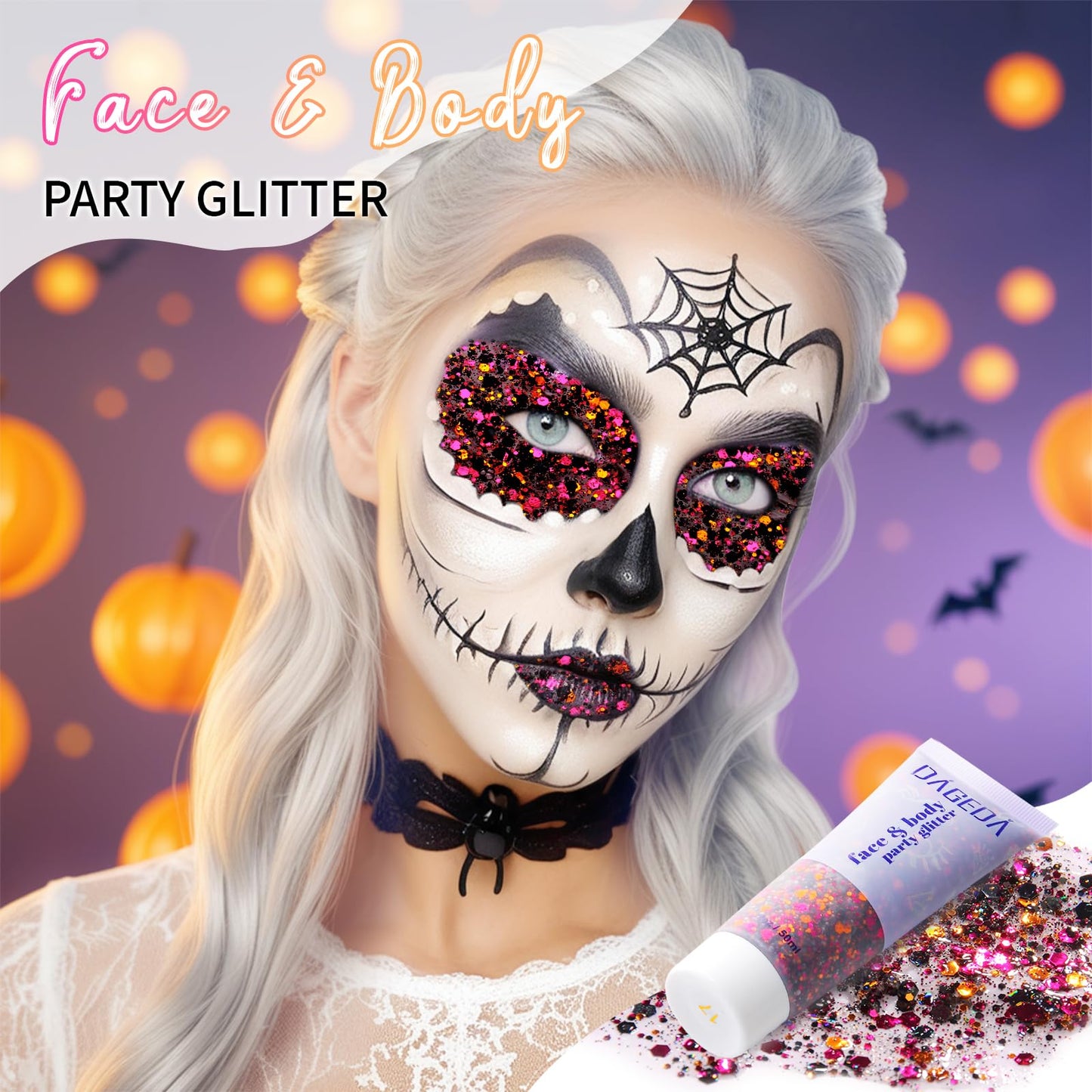DAGEDA Halloween Black Body Glitter Gel, Face Hair Glitter Body Shimmer, Halloween Costume Accessories Chunky Glitters Eyeshadow, Holographic Cosmetic Sequins Festival Outfits for Women 50ml