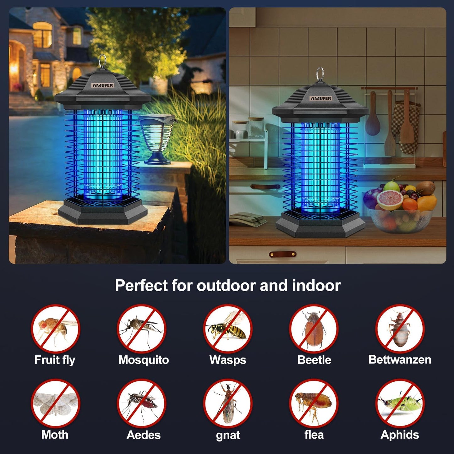 AMUFER Bug Zapper Outdoor, Electric Mosquito Zapper with 18W Power & 4400V Instant Grid, Insect Control Efficiency Increased 100%, Coverage of 1/2 Acre, Fly Trap Perfect for Patio, Backyard, Home