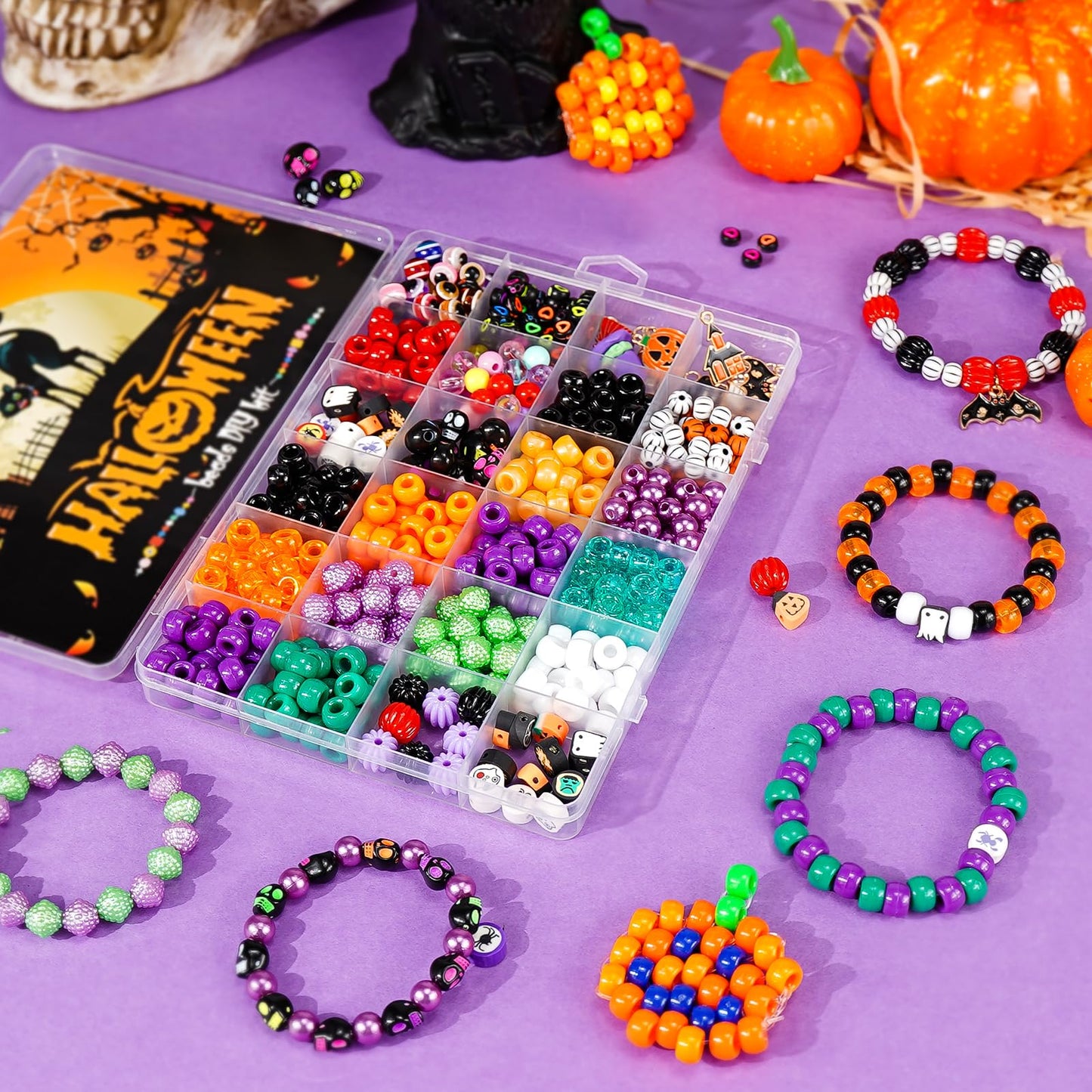 Dowsabel Bracelet Making Kit, Halloweens Beads for Bracelets Making Pony Beads Polymer Clay Beads Smile Face Beads Letter Beads for Jewelry Making, DIY Arts and Crafts Gifts for Girls Age 6-12