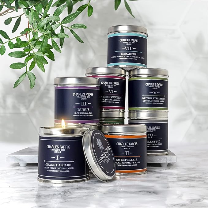 Charles Farris Luxury Scented Candle – Tin, Hand-Poured, Long Lasting, Clean Burning, 300g / 10.5oz, Burns for up to 40 Hours, Made in England – Tuberose, Jasmine & Ylang Ylang – Garden of Eden