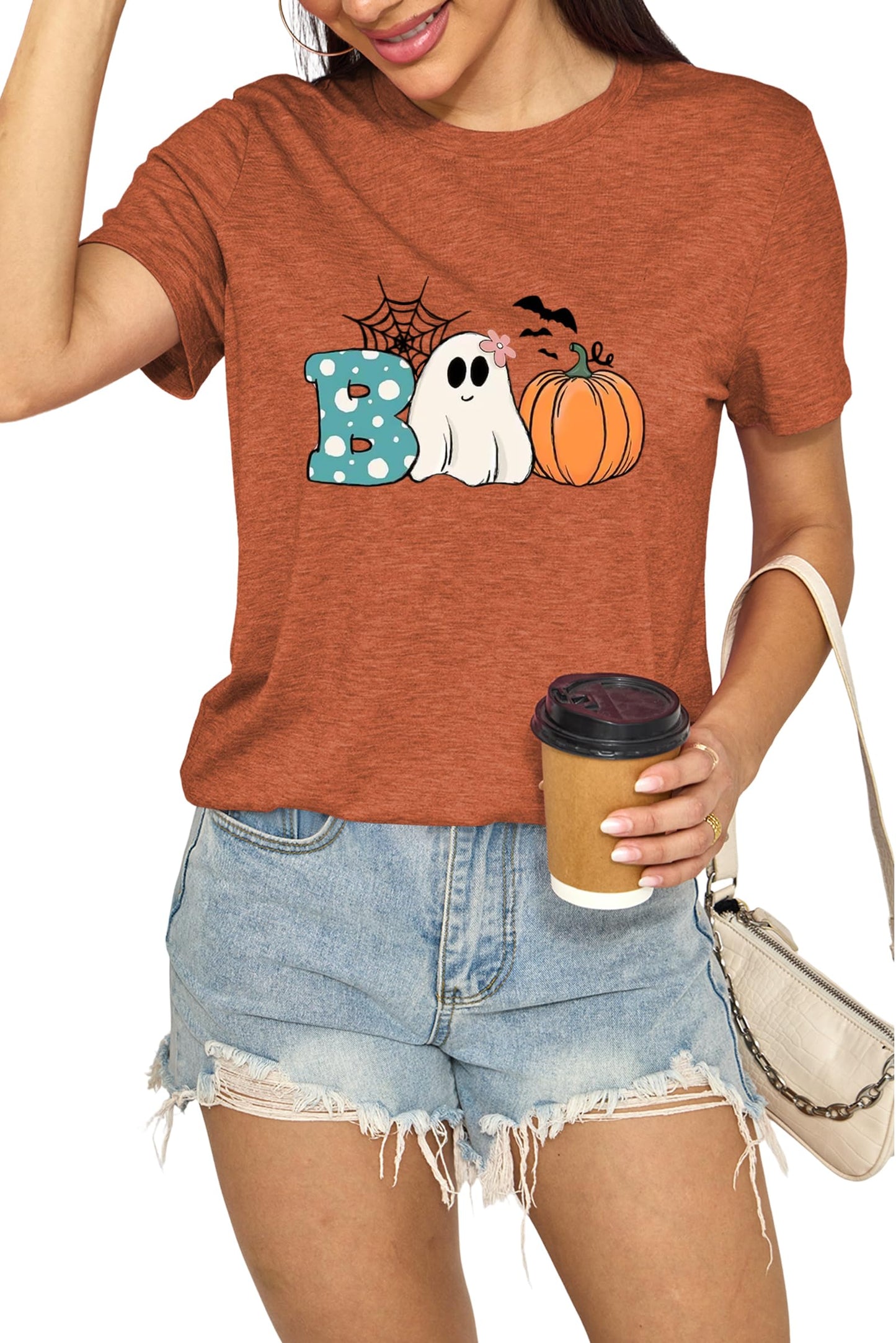 Funny Halloween Shirts for Women Cute Boo Ghost Cobweb Pumpkin Graphic Tee Shirt