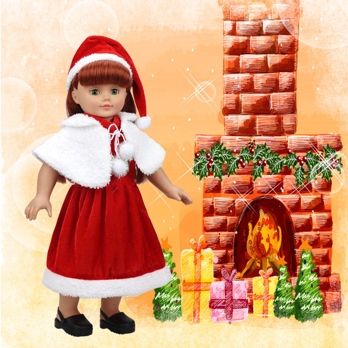 TianBo 18 inch Girl Doll Clothes 3pc Christmas Red Color Including Hat Shawl Dresses Outsuits Fits 18 Inch Girl Dolls, ZKB902