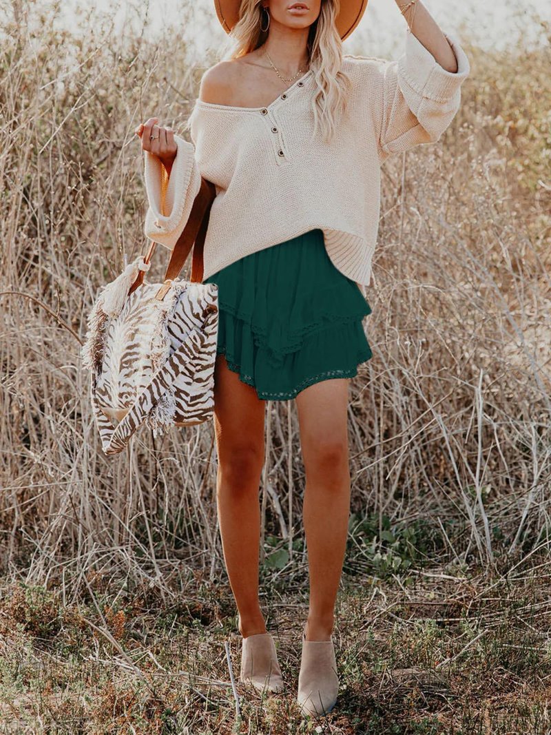 Aoudery Flowy Shorts for Women Casual Boho Ruffle Tiered Skorts High Waist Mini Skirts Golf Tennis Butterfly Crochet Shorts - Dark Green L