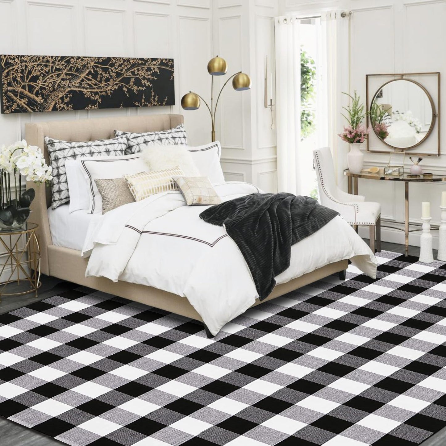 YINMEIJU Buffalo Plaid Rug 5.5'x7.5'Black and White Area Rug,Washable Cotton Woven Indoor/Outdoor Rug for Farmhouse/Dining Room/Bedroom/Living Room Rug Retro Lattice Checkered Carpet
