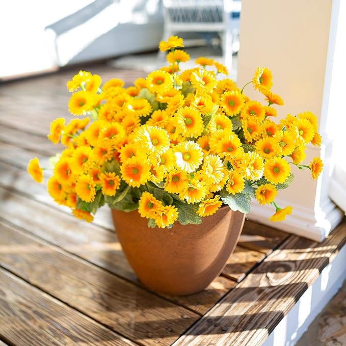 HyeFlora Dahlia Artificial Fall Flowers for Outdoors Autumn Decoration, 6 Bundles Fake Mums Yellow Faux Flowers Plants Realistic UV Resistant Silk Flowers for Outside Planter Front Door Yard Garden