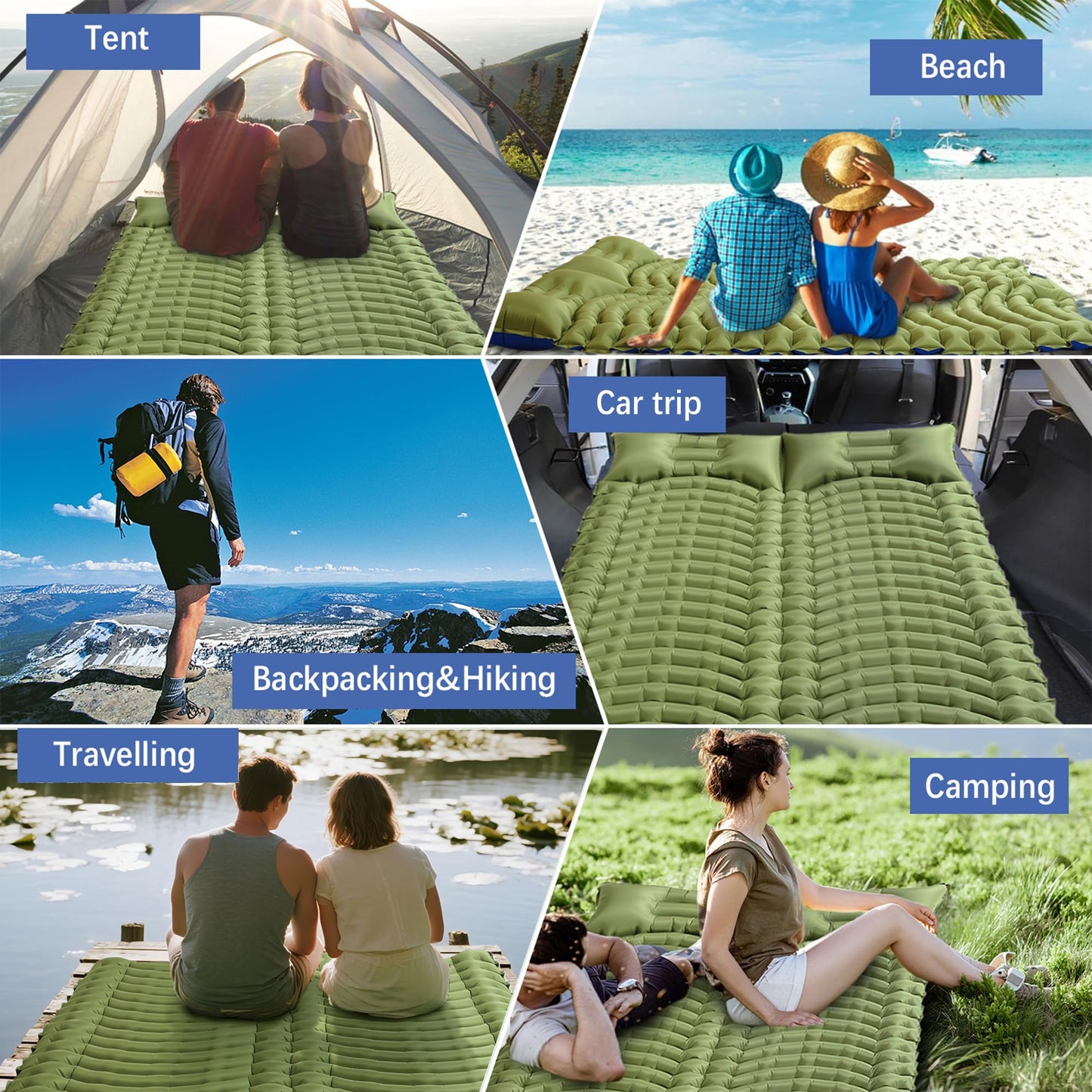 Pretyw Double Sleeping Pad for Camping - Ultralight Camping Mattress with Pillow, Built-in Foot Pump, Compact Inflatable 2-Person Portable Mat for Backpacking, Hiking, Car Traveling, Beach, Tent