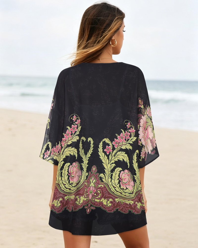Women's Floral Kimono Print Puff Sleeve Loose Cardigan Cover Up Casual Blouse Tops (Black Matcha Green Print, XL)
