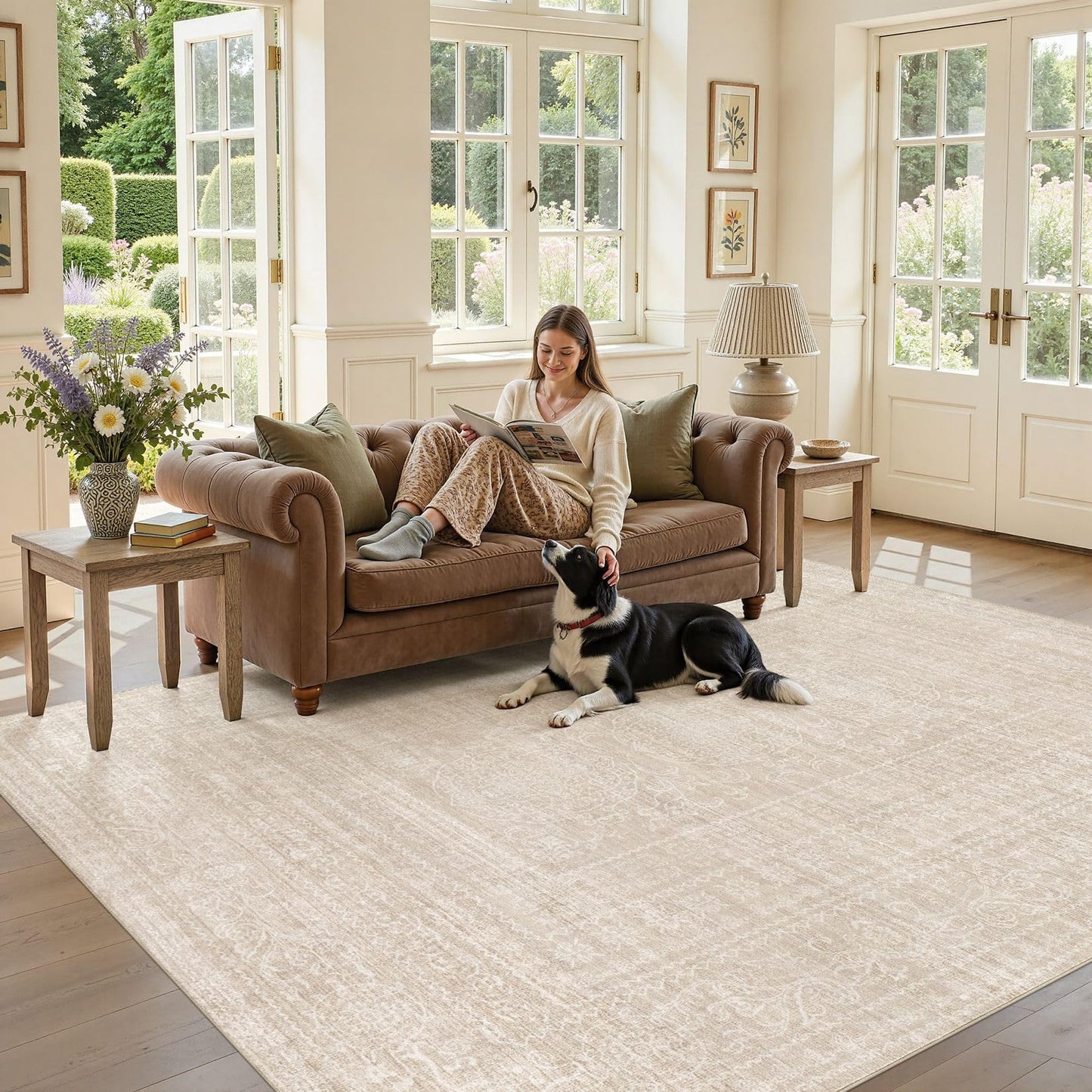 Nakagishi 9x12 Area Rugs Living Room: Washable Large Vintage Rug Neutral Non-Slip Soft Stain Resistant Indoor Carpet for Bedroom Nursery Dining Room Office Playroom - Beige