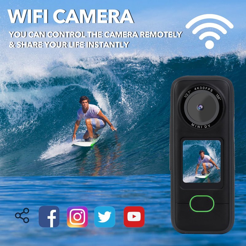 YYCAMUS Waterproof Action Camera with 1/1.27"" Sensor, 4K Video Streaming 20MP Photos Stabilization Video Camera, 1.4"" IPS Touchscreen Dual Microphones Webcam WiFi Camera Body Cam, Black