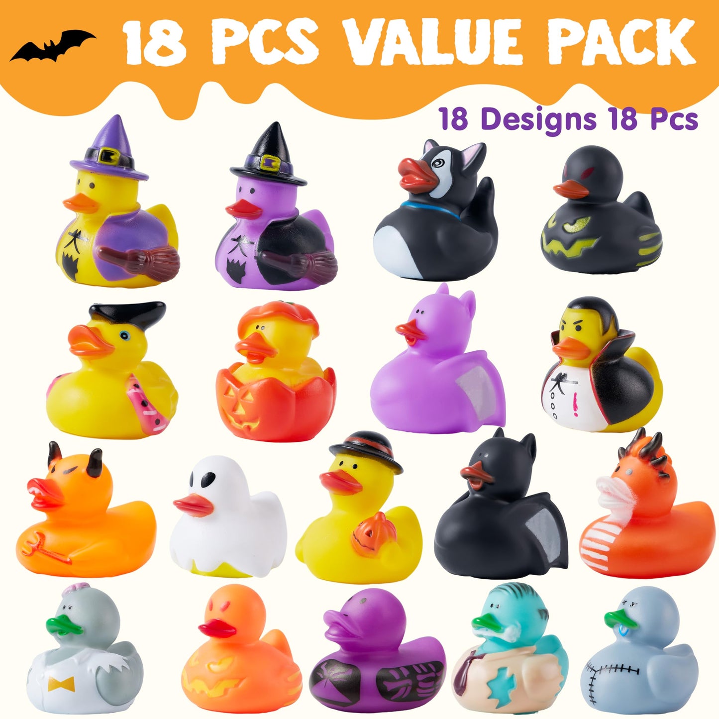 JOYIN 18 PCS Halloween Rubber Ducks, Halloween Ducks for Halloween Goodie Bag Fillers, Rubber Duckies Baby Bath Toys for Halloween Party Favors Decorations, School Classroom Game Prizes