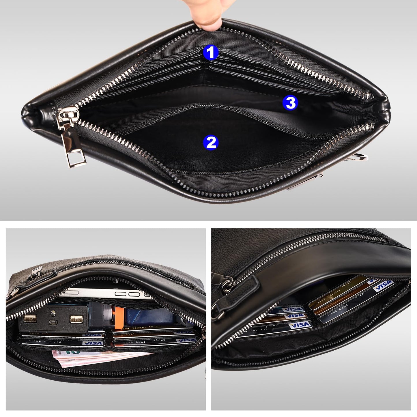 Eshow Mens Wristlet Bag Clutch Purse Handbags Synthetic Leather Bags with Wrist Strap Zip Closure 7.9 Inch for Business Travel Work