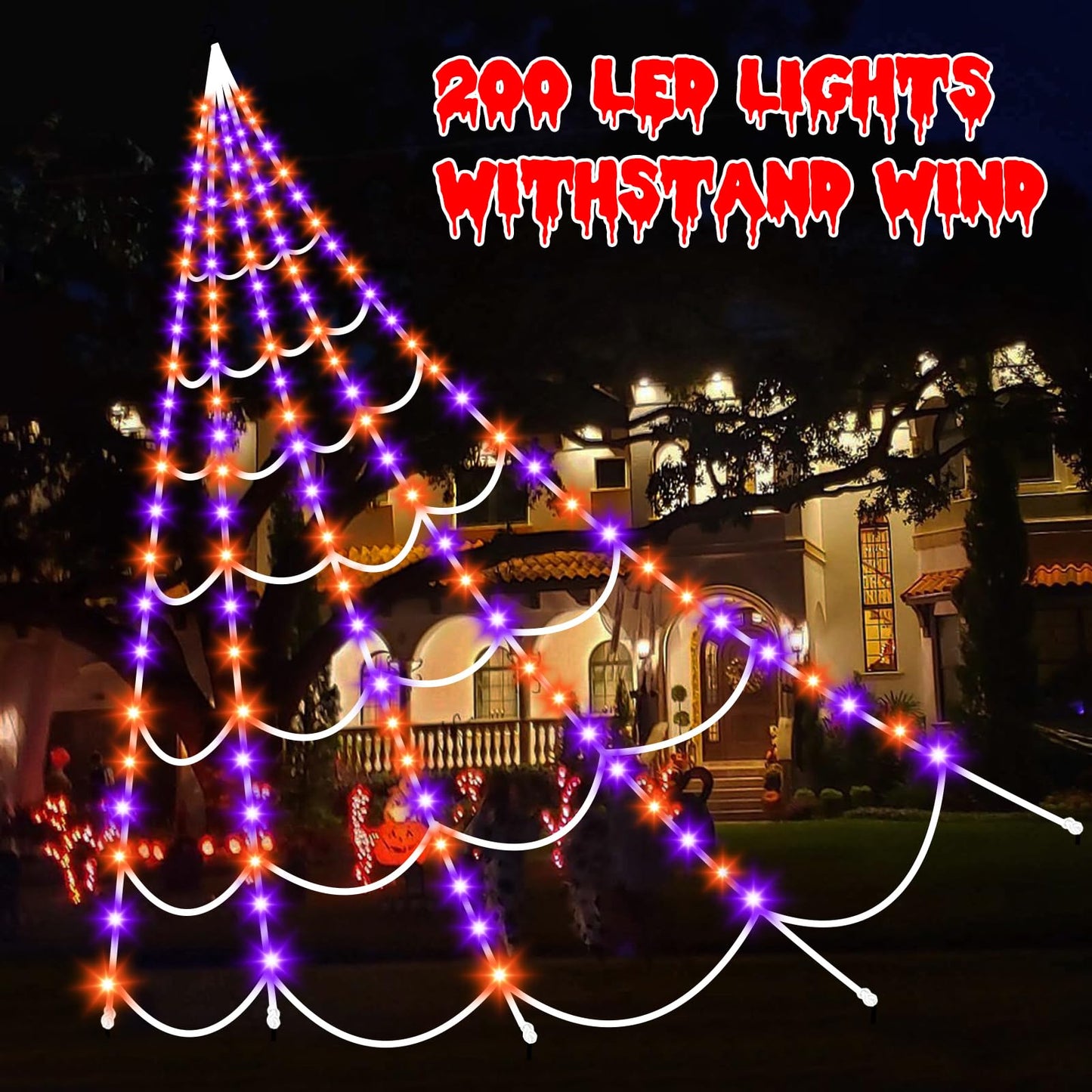 Halloween Decorations Spider Webs Lights: 200 Purple & Orange LED Halloween Lights Decor Outdoor, 17.4Ft Giant Spiderweb with 8 Lighting Modes Waterproof & Timer, Halloween Yard Decorations Outside